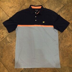 Masters Tech Navy over Blue Striped Golf Polo Augusta National Logo Size L